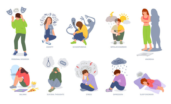 Mental disorders. People psychiatric problems, various mental health conditions and psychic illnesses vector illustration set