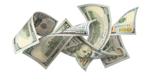 Flying 100 American dollars banknotes, cut out