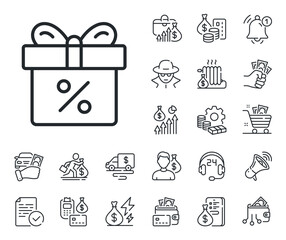 Present or Sale sign. Cash money, loan and mortgage outline icons. Gift box with Percentage line icon. Birthday Shopping symbol. Package in Gift Wrap. Discount offer line sign. Vector