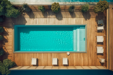 Top view of a wooden terrace and a swimming pool surrounded by a green garden. Modern villa with pool and wooden deck on a sunny summer day. Generative AI