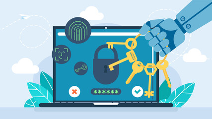 Protect your personal data on your laptop. The robot holds the keys in his hand. Data protection on PC. Protection of AI. Lock your data with your fingerprint, and face scan. Flat illustration