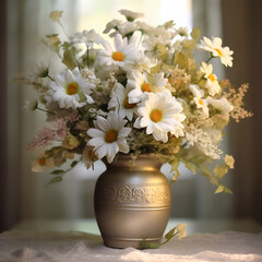 White and gold flower bouquet, pale pink flowers, peach roses, in a bronze vase, gold vase, metal, with a blurry background, warm light, classy, made with generative AI