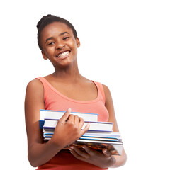 Black girl, teenager and books, student in portrait and smile isolated on png transparent...