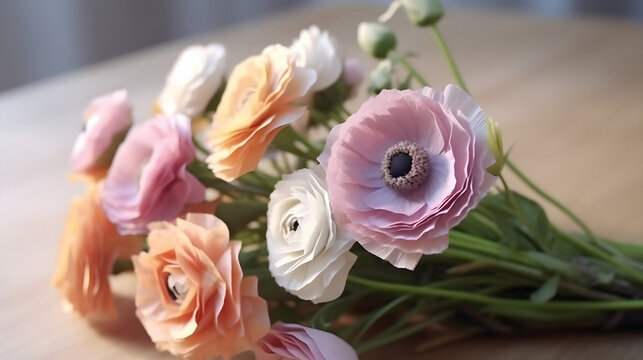 Simple Flower bouquet on a table, orange pink and white roses, few flowers, blurry background, celebration, bridal bouquet, valentine's day, made with generative AI
