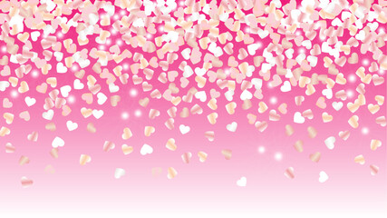 Realistic Background with Confetti of Hearts Glitter Particles. St. Valentine Day. Celebration pattern. Light Spots. Explosion of Confetti. Glitter Vector Illustration. Design for Banner.