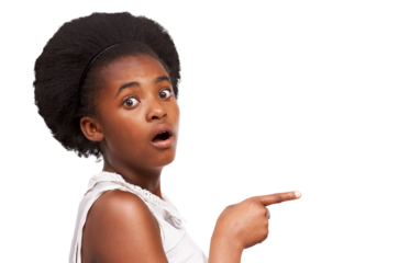 Black girl, shocked and teen pointing finger at space for surprise, advertising or announcement. African child or teenager portrait with hand and wow emoji isolated on a transparent, png background