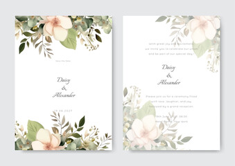 Wedding invitation template with greenery leaves. Simple rustic wedding invitate.