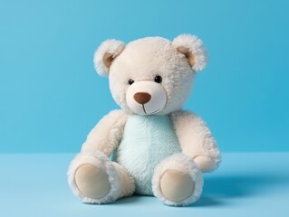 Teddy bear sitting on blue background with copy space for text. cuddly stuffed animal. Baby shower for newborn. generative AI