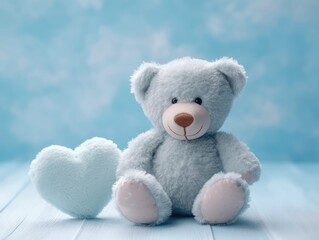 Teddy bear with heart on blue background. baby shower background. generative AI