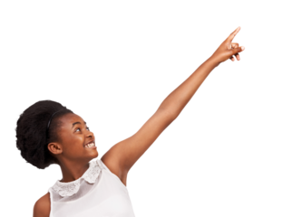 Smile, portrait or excited girl pointing up on isolated on transparent png background for marketing. Kid, offer or happy African teenager hand gesture showing advertising deal or discount promotion