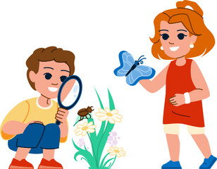research nature kid vector. education summer, curiosity outside, girl outdoor, adventure tree, discovery young research nature kid character. people flat cartoon illustration
