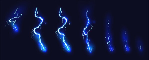 Cartoon lightning animation. Animated frames of electric strike, magic electricity hit and thunderbolt effect vector illustration set - obrazy, fototapety, plakaty
