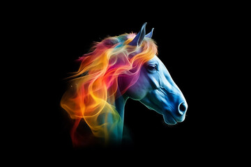 Very cute horse with colorful dust and smoke on white background