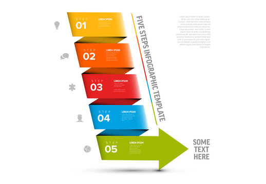 Five color stripe with diagonal arrow shape folded paper steps process infographic