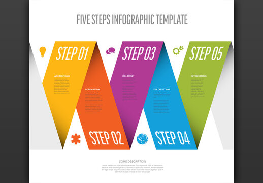 Five color stripe folded paper steps process infographic