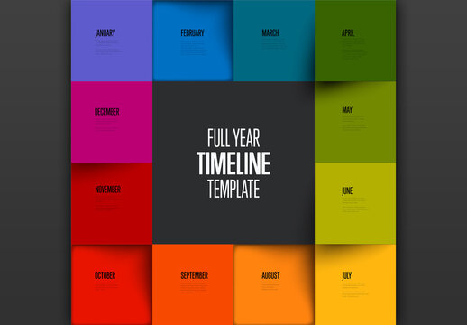 Full year timeline template with 12 month in rainbow square dark version
