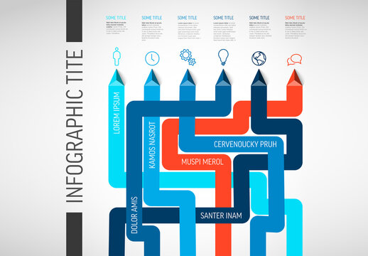 Simple light infographic with six items and solid stripes with arrows