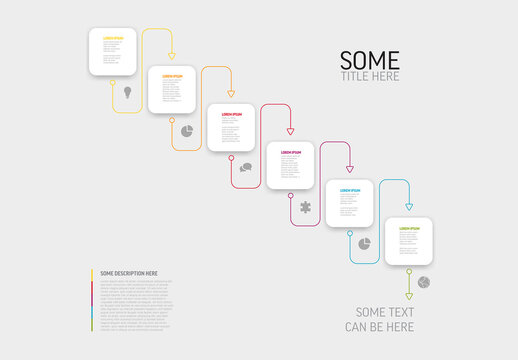 Light infographic template with six rounded diagonal square block card steps