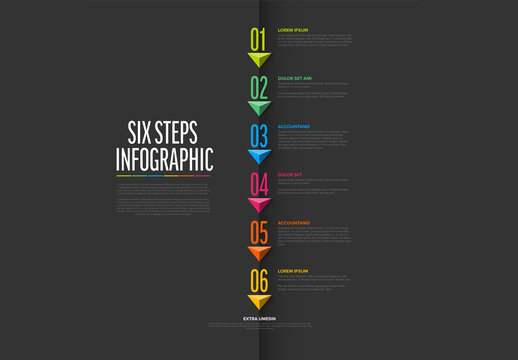 Six color steps with triangle arrow pointers on a vertical line dark template