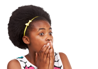 Oh the shock. Black girl, teen and shocked with hands on mouth for surprise, news or announcement. African child or teenager with wow emoji isolated on a transparent, png background.