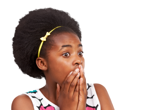 Oh the shock. Black girl, teen and shocked with hands on mouth for surprise, news or announcement. African child or teenager with wow emoji isolated on a transparent, png background.
