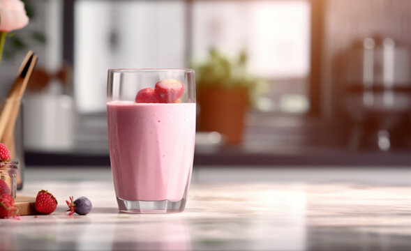 A glass of strawberry smoothie on the table in the kitchen, ai generated