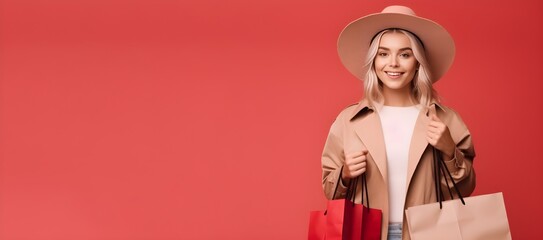 Une femme blonde avec des sacs de shopping dans les mains après avoir fait les magasins sur fond rouge