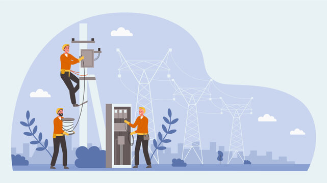Electric workers team. Transformer service, electrical power lines technician work and box power repairs teamwork vector illustration