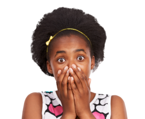 Portrait, wow or shocked girl teenager in shock after fake news, secret drama or crazy gossip story. Omg, cover mouth or surprised face of a young child amazed isolated on transparent png background