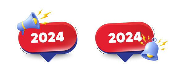 2024 year icon. Speech bubbles with 3d bell, megaphone. Event schedule annual date. 2024 annum planner. 2024 chat speech message. Red offer talk box. Vector