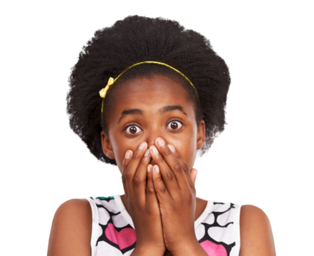 Portrait, wow or shocked girl teenager in shock after fake news, secret drama or crazy gossip story. Omg, cover mouth or surprised face of a young child amazed isolated on transparent png background