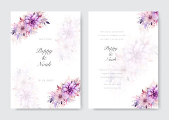 Beautiful floral and leaves violet wedding invitation card. Romantic wedding card.
