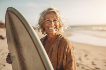 Illustration of mature senior woman with surf board
