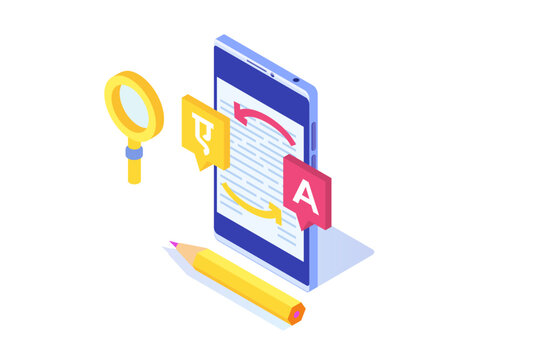 Online multi language translator app. Multilingual communication isometric concept. Vector illustration.