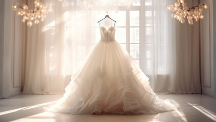Closeup wedding dress in bridal room background. Banner. Front view of stylish dress for wedding day. Beautiful clothes for bride. Copy Space. Ai generative