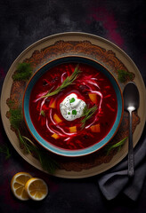Ukrainian national dish borscht on the table. AI Generated