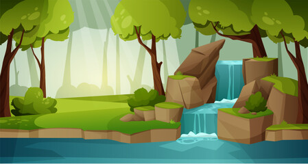 Mountain waterfall landscape. Tropical rainforest water cascade on cliff with splashes foliage stones, river stream on rock cartoon style. Vector illustration © WinWin