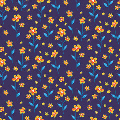 Fototapeta na wymiar Seamless pattern of yellow flowers on dark blue background. Floral print