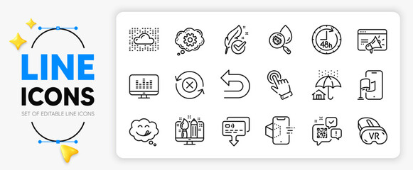 Cloud system, Hypoallergenic tested and Cursor line icons set for app include Reject refresh, Augmented reality, Vr outline thin icon. Location app, Home insurance, Yummy smile pictogram icon. Vector