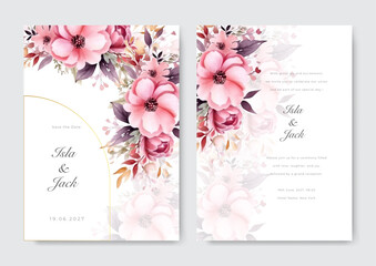 Fototapeta na wymiar Wedding invitation set with pink flower garden watercolor. Beautiful pinkish design template.