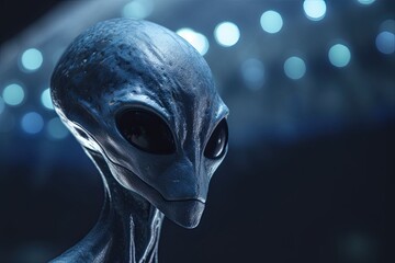 Alien UFO in a blue space with stars above its head against a blurred blue background. Generative AI