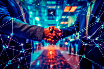 Fototapeta na wymiar The businessmen confirm the agreement with a handshake. Technology can bring people and business together. Generative AI