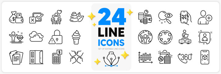 Icons set of Open door, Diagram chart and Winner cup line icons pack for app with Calculator, 360 degree, Squad thin outline icon. Documents, Ice cream, Shopping bags pictogram. Search. Vector