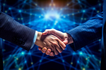 The businessmen confirm the agreement with a handshake. Technology can bring people and business together. Generative AI