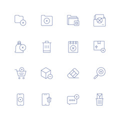 Delete line icon set on transparent background with editable stroke. Containing folder, money bag, trash, note, out of stock, remove from cart, remove, rubber, search, smartphone, speech bubble.