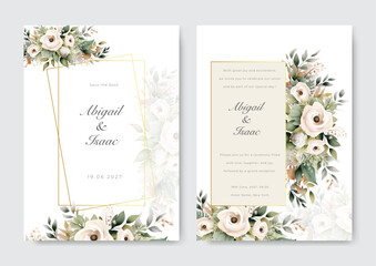 Wedding invitation card template with hand drawn autumn fall floral. Beautiful wedding card