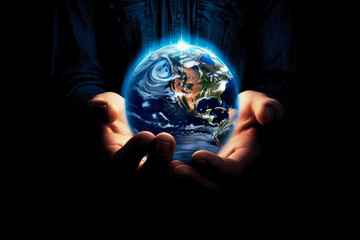 A child holds up the Earth with his hands. Generative AI