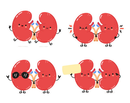 Kidneys organ characters bundle set. Vector hand drawn doodle style cartoon character illustration icon design. Cute kidneys organ mascot character collection