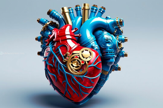 Science fiction mechanical human heart. Organ transplantation. Generative AI