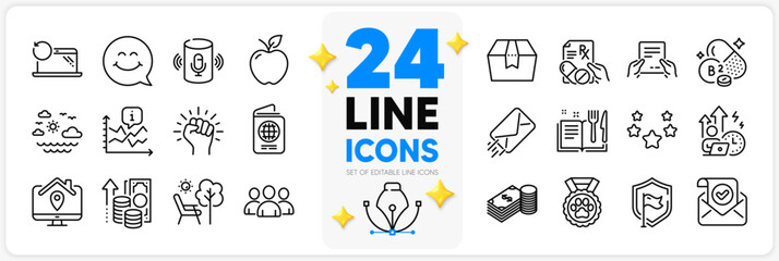 Icons set of Package box, Deckchair and Work home line icons pack for app with Savings, Smile face, Riboflavin vitamin thin outline icon. Dog competition, Recipe book, Receive file pictogram. Vector